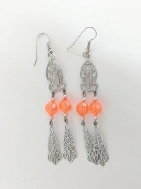 Vintage Silver Tone Filagree Orange Crystal Dangle Hook Chandelier Earrings LONG
